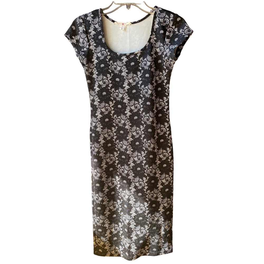 Derek Heart Bodycon Midi Dress Scoopneck Gothic Antique Flowers Black & White  S